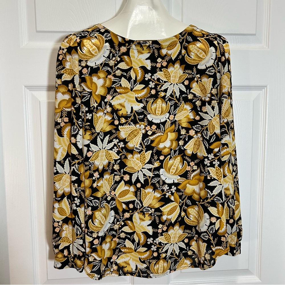 LOFT Black and Gold Floral Long Sleeve Blouse